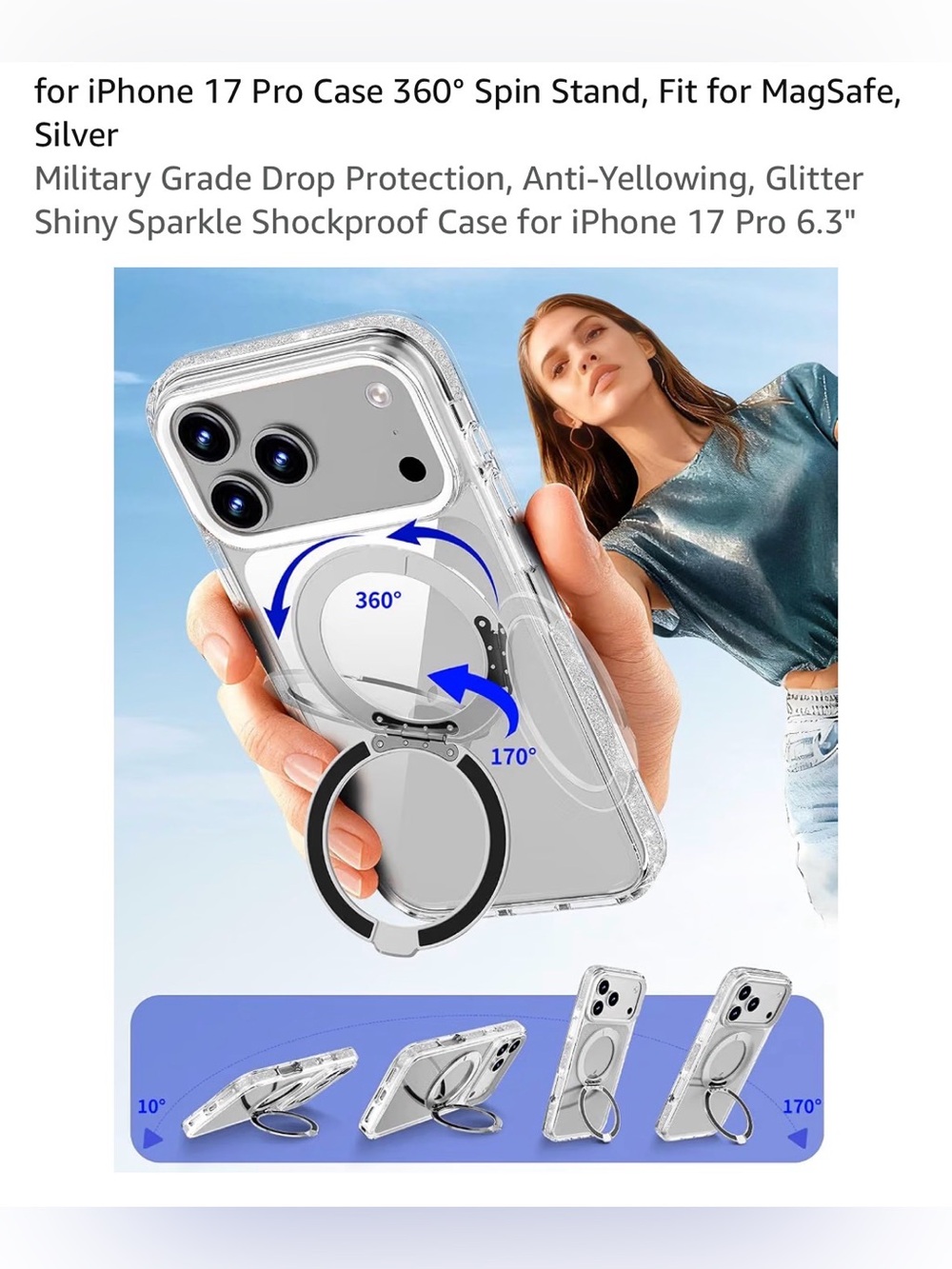 Clear Silver 360° Ring Stand Phone Case for iPhone 17 pro /6.3 “